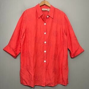Field Manor Tunic Top Size L Coral Linen Blend Floral Embroidered Cottagecore